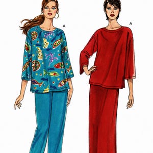 May include: A sewing pattern illustration titled It's SO EASY it's Simplicity. Two figures display clothing designs: one wears a blue top with a colorful fish print and blue trousers, while the other wears a solid red top and a matching red skirt.
