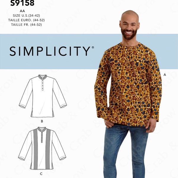 Simplicity S9158 Sewing Pattern for Mens Half Buttoned Shirts sz 34-42 or 44-52 Uncut