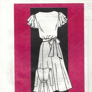 May include: A black and white sewing pattern for a dress with a ruffled neckline and a sash. The pattern is on a pink background and includes the number 4931 and the size 14.