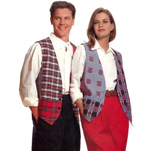 May include: Two people wearing plaid vests, one in red and black, the other in blue and black. The person wearing the red and black vest is wearing a white shirt and black pants. The person wearing the blue and black vest is wearing a white shirt and red pants.