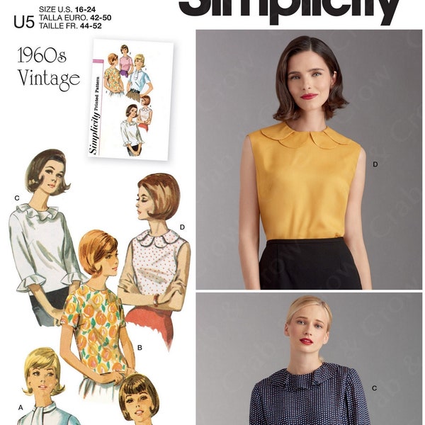 Simplicity S9386 Sewing Pattern for Misses Set of Retro 60s Blouses sz 6-14 or 16-24 Uncut