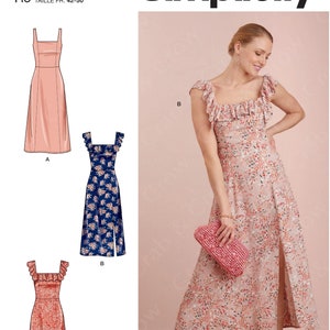 May include: Simplicity pattern S9326 for a midi-length dress with a square neckline and side slit. Options include a plain bodice with wide straps or a ruffled bodice. The pattern displays three variations in solid pink, blue floral, and red floral prints.