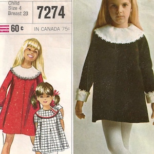 May include: Simplicity sewing pattern for a child's dress, size 4, with a breast measurement of 23 inches. The pattern features a black dress with white collar and cuffs, and two other dress designs in red and checkered patterns.