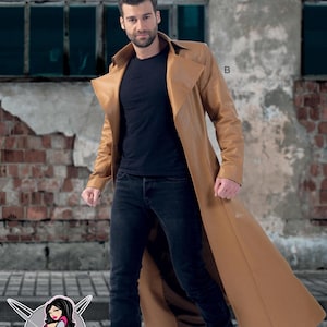 May include: A McCall's Costumes pattern cover featuring a person wearing a tan trench coat, black shirt, and black jeans. The top of the cover has the words "McCall's COSTUMES" in black letters on a yellow background. A logo is in the lower left corner.