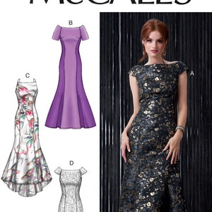 May include: McCall's M7865 sewing pattern featuring four different formal gown designs. The main image showcases a black and gold floral print gown. The pattern includes sizes E5 (14-16-18-20-22).