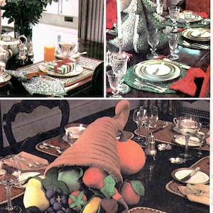 May include: McCall's pattern cover featuring three dining table settings. One table has a cornucopia centerpiece with fruit. Another has a Christmas tree decoration. The third table has a gift box and floral arrangement. The cover includes the price and pattern number.