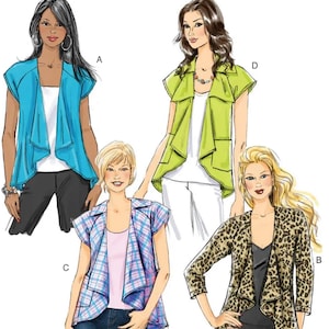 May include: A Butterick sewing pattern, B5498, featuring four different jacket designs. The jackets are shown in various colors and patterns, including a blue, green, plaid, and leopard print. The pattern includes sizes 8-14.