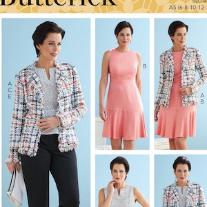 May include: A sewing pattern for a jacket and dress. The pattern is for sizes 6-8-10-12-14. The pattern is from Butterick and the pattern number is R10563.