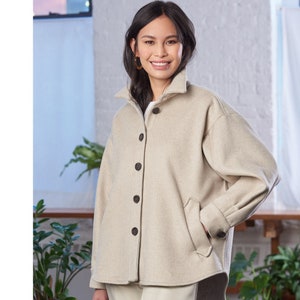 May include: A woman wearing a beige jacket with large buttons and pockets, from a McCall's sewing pattern. The pattern is for a designer garment, size A5 (6-8-10-12-14). The pattern is licensed by Melissa Watson for Palmer/Pletsch.