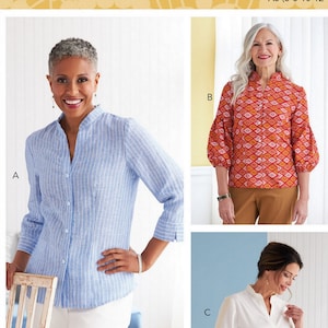 Butterick R10964 (B6816) Sewing Pattern Misses Button Front Top with Band Collar and Sleeve Variation sz 6-14 or 14-22 Uncut