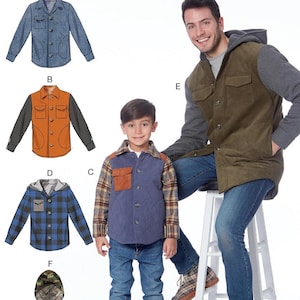 May include: McCall's sewing pattern featuring various jacket designs for adults and children. The image shows a man and a child wearing examples of the jackets. The pattern includes options with different colors, patterns, and sleeve styles. The pattern number is M7638.