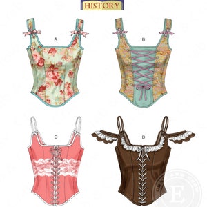 May include: A sewing pattern for four different styles of corsets. The corsets are shown in floral, blue, pink, and brown fabrics. The pattern is for sizes 4-12 and is from Butterick.
