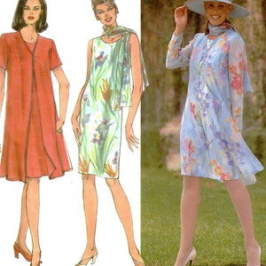 May include: A sewing pattern for three dresses. The pattern is for sizes 12, 14, and 16. The dresses are shown on three models. The first dress is red, the second is green with floral print, and the third is blue with floral print. The pattern is from Simplicity and is number 8054.