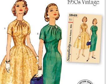 Simplicity S9849 Sewing Pattern Misses Vintage 50s Reproduction Neckline Interest Dress in Slim or Flared Versions sz 6-14 or 16-24 Uncut