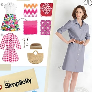 May include: A sewing pattern for a traveler dress with a button-down front and a belt. The pattern includes four fabric options: a pink and orange chevron print, a red and white ikat print, a solid pink, and a pink and white polka dot print. The pattern is from Simplicity and is size H5 6, 8, 10, 12, 14. The pattern is for a traveler dress.
