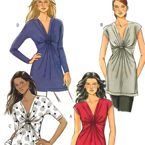 May include: A sewing pattern for a women's top with a knotted detail at the neckline. The pattern includes four different styles: a long-sleeved top, a sleeveless top, a short-sleeved top with polka dots, and a sleeveless top in a solid color. The pattern is for sizes 8-10-12-14. The pattern number is B5495/BB.