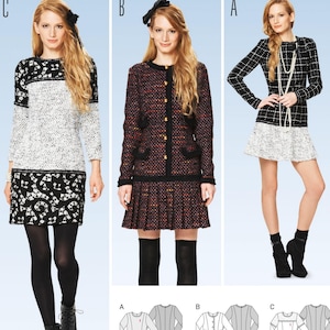 May include: A Burda Young dressmaking pattern, number 6853, featuring three dress designs. The dresses include a black and white patterned sweater dress, a tweed jacket and pleated skirt ensemble, and a black and white checkered dress with a white skirt.
