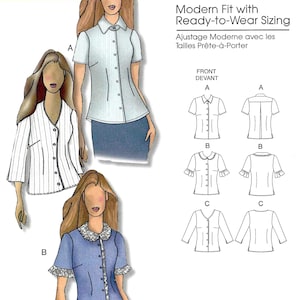 May include: Butterick sewing pattern B5300 by Connie Crawford for a shirt with three variations. Includes illustrations of a button-down shirt with a collar, a shirt with a ruffled collar and sleeves, and a V-neck shirt with three-quarter sleeves.