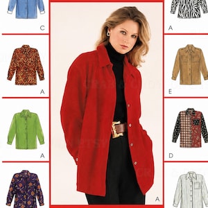May include: A McCall's sewing pattern envelope featuring 8 great looks from 1 easy pattern. The cover displays a red button-down shirt worn over a black turtleneck, surrounded by illustrations of various shirt styles in blue, patterned, and solid colors.
