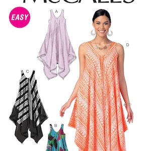 May include: Sewing pattern for a sleeveless, asymmetrical dress with a V-neckline. The pattern includes four different styles, each with a unique geometric print. The pattern is labeled "McCall's M7402" and is for sizes X-Small, Small, and Medium.