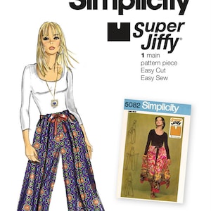 May include: Simplicity Super Jiffy sewing pattern S9595. The illustration shows a woman wearing a white top and wide-leg pants with a colorful floral pattern. The pattern includes one main pattern piece and is easy to cut and sew.