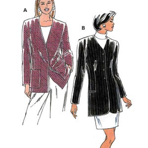 May include: Kwik Sew sewing pattern 2465 featuring two jacket designs. One jacket is a burgundy blazer with a textured pattern, and the other is a black pinstripe jacket. Sizes XS-XL are available.