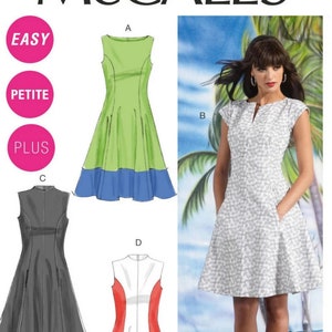 McCalls M6741 Sewing Pattern for Lined Fit and Flare Dresses Sleeve and Neckline Variations in Misses 8-16 or Womans 18W-24W Uncut