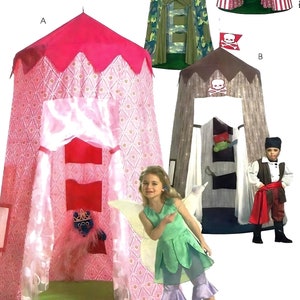 May include: McCall's Crafts M5827 sewing pattern for hanging play tents. Includes designs for a pink patterned tent, a green camouflage tent, and a brown pirate-themed tent with a skull and crossbones flag. Features a child in a fairy costume.