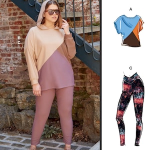 May include: McCall's sewing pattern M8244. The pattern features a color-blocked hoodie and leggings outfit. The hoodie is tan, brown, and mauve. The leggings are mauve. The pattern includes multiple view options with simple instructions.