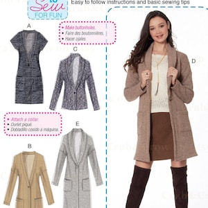 May include: McCall's M7476 sewing pattern for women's coats and jackets. The pattern includes instructions for various styles, including a long coat, a blazer, and a short-sleeved jacket. The image also shows a woman wearing a coat.
