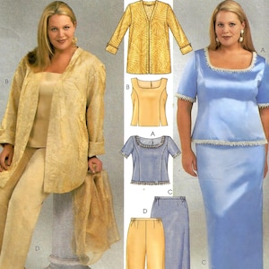 May include: Sewing pattern for a women's outfit. The pattern includes a long blue skirt, a blue top with a beaded neckline, a yellow top, a yellow jacket, and yellow pants. The pattern is for sizes 26W-28W-30W-32W (44-46-48-50).