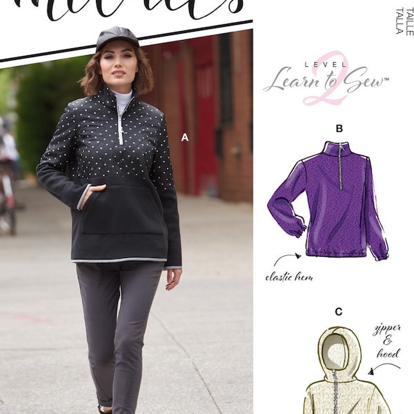 McCalls M8143 Sewing Pattern for Misses Pullover Fleece Tops Optional Hood Learn to Sew Series sz XS-M or L-XXL Uncut