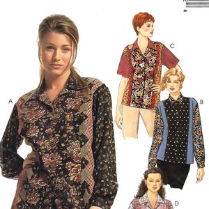May include: McCall's sewing pattern number 8464 for a shirt in sizes 12-14, labeled as medium. The pattern includes four different styles of shirts, each with a different floral print. The pattern is labeled as "Taille Moyenne" which means "Medium Size" in French.