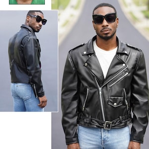 May include: Black leather jacket with a belted waist, multiple zippers, and a white t-shirt underneath. The image also includes a headshot and the text "knowME by mimi G". The jacket is designed and printed in the USA.