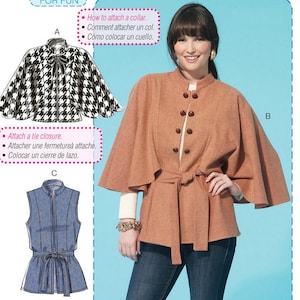 May include: McCall's sewing pattern M7291 for beginner sewers. The pattern includes instructions for a cape, a tie closure, and a vest. The image shows a woman wearing a brown cape with button details and a tie belt. The pattern size is Y (Xsm-Sml-Med).