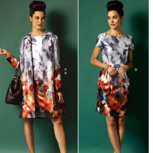 May include: Butterick B5952 sewing pattern featuring two women's outfits. One outfit includes a long coat and skirt, the other a dress. Both have a colorful abstract floral print. The pattern includes sizes 16-24.