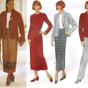 May include: Butterick pattern 4636 featuring illustrations of women's business attire. The designs include a skirt suit, a red polka dot dress, a gray plaid skirt suit, and a red blazer with gray pants. The pattern size is 12-14-16.