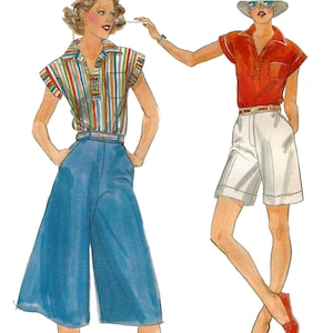 May include: Illustration of two figures in vintage clothing. One wears a striped shirt and blue culottes. The other wears a red shirt, white shorts, and a hat. The image has the word "Butterick" at the top.