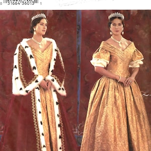 May include: Butterick sewing pattern 3713 Making History featuring two variations of a floor-length gown. One version includes a deep red velvet-like robe with white faux fur trim and black spots, worn over a gold textured dress with a V-neckline.