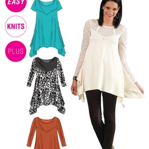 May include: Sewing pattern for a women's top with a variety of styles. The pattern includes a turquoise top, a leopard print top, and a rust colored top. The pattern is for sizes 18W-20W-22W-24W. The pattern is labeled "Easy Knits Plus".