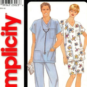 May include: A sewing pattern for a medical scrub top and pants. The pattern is for sizes S, M, L, and XL. The pattern is from Simplicity and is labeled "It's so easy".
