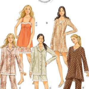 May include: Butterick B5932 sewing pattern featuring sleepwear designs. The image shows various pajama sets, including a floral print, a polka dot pattern, and solid colors. The pattern includes a camisole and shorts set.