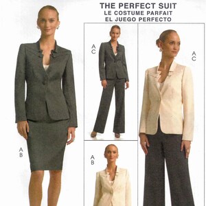 May include: McCall's Classic Fit sewing pattern M5597 for a women's suit. The pattern includes options for a skirt suit, pants suit, and a cream-colored jacket with matching skirt or pants. The size range is BB (8-10-12-14).