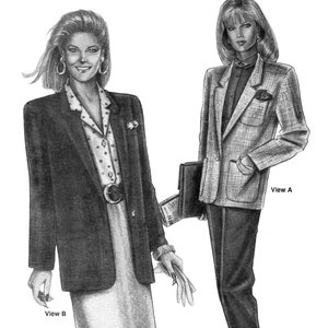 May include: A black and white illustration of two women wearing jackets. The woman on the left is wearing a solid black jacket and the woman on the right is wearing a plaid jacket. The text "Stretch & Sew classic jacket 1013" is at the top of the image. The text "View A" is below the woman on the right and the text "View B" is below the woman on the left.