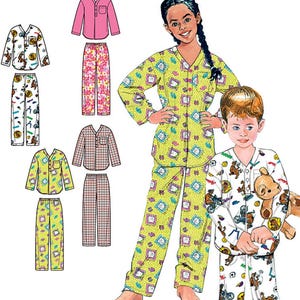 May include: Simplicity pattern 2540 for children's pajamas. The image shows various pajama sets in different colors and patterns, including pink floral, yellow with geometric shapes, and white with cartoon graphics. The pattern includes sizes for children.