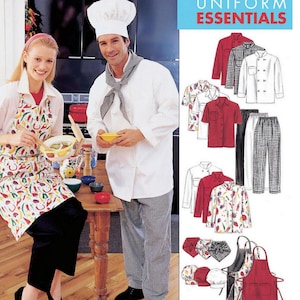 May include: McCall's M2233 sewing pattern featuring uniform essentials. The image shows a chef and a woman wearing aprons. The pattern includes designs for chef coats, shirts, pants, aprons, and hats. The aprons are red and patterned.