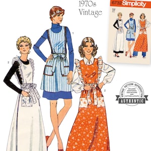 May include: Simplicity sewing pattern S3051 featuring vintage 1970s aprons. The pattern includes multiple apron designs, with ruffles, pockets, and various prints. The image also includes a smaller image of another apron pattern, 6732.
