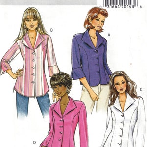 May include: A sewing pattern for a women's blouse with four different styles. The pattern is from Butterick and is labeled "Fast & Easy". The pattern includes a striped blouse, a purple blouse, a pink blouse, and a white blouse.
