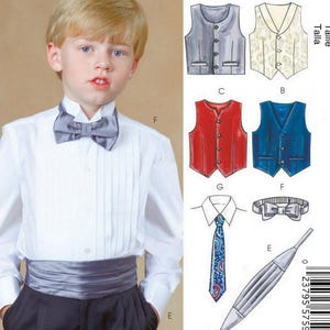 May include: McCall's M7223 sewing pattern for boys' formal wear. The image shows a young boy in a white dress shirt, bow tie, and cummerbund. Illustrations of vests, ties, and other accessories are also included. Designed and printed in the USA.