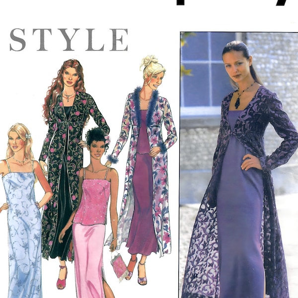 Simplicity 9034 Sewing Pattern Misses Long Coat with Raised Waistline Sleeveless Dress or Top and Pull on Straight Skirt sz 8-18 Uncut